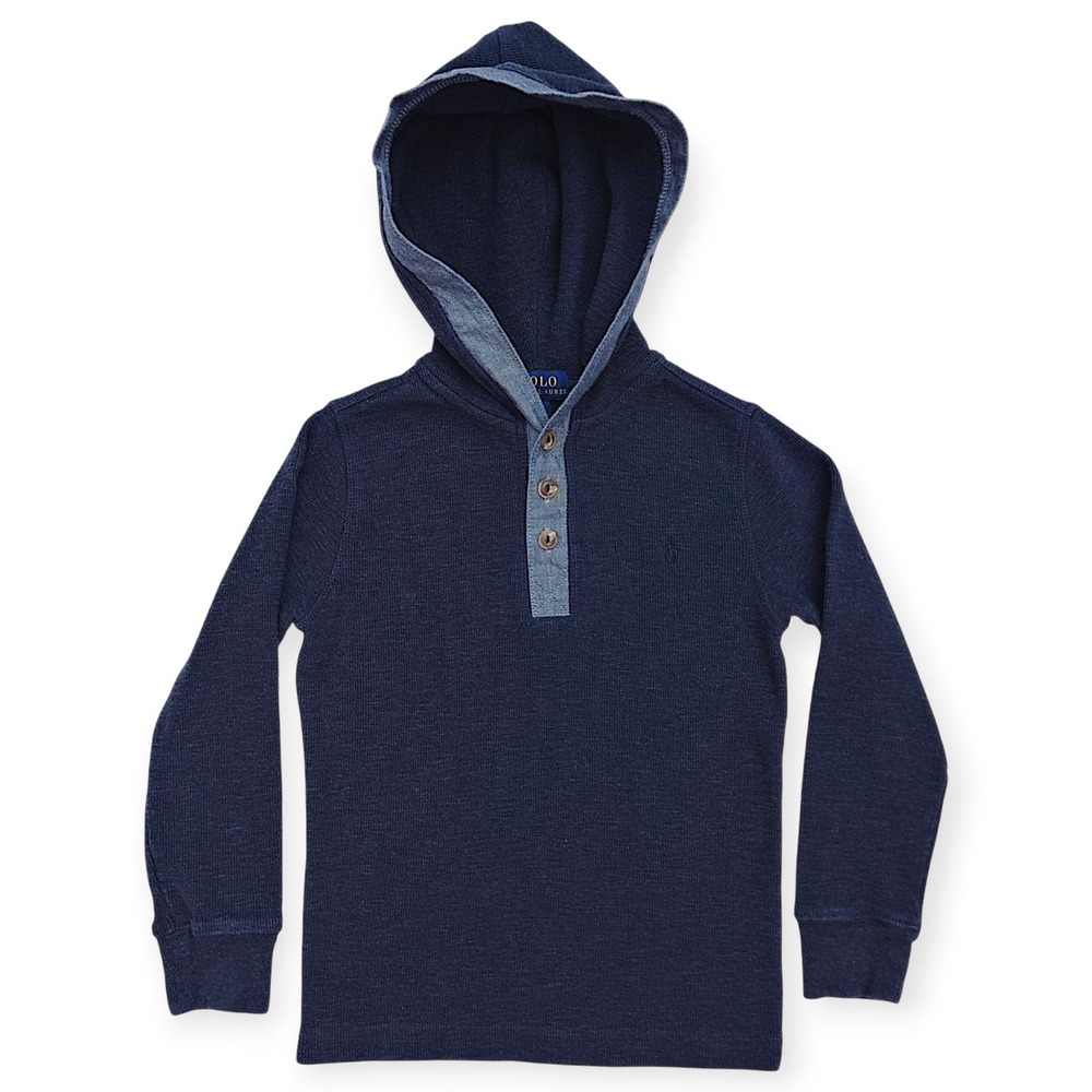 Polo Ralph Lauren Boys Henley Hoodie Thermal Shirt Navy Cotton Size 5
